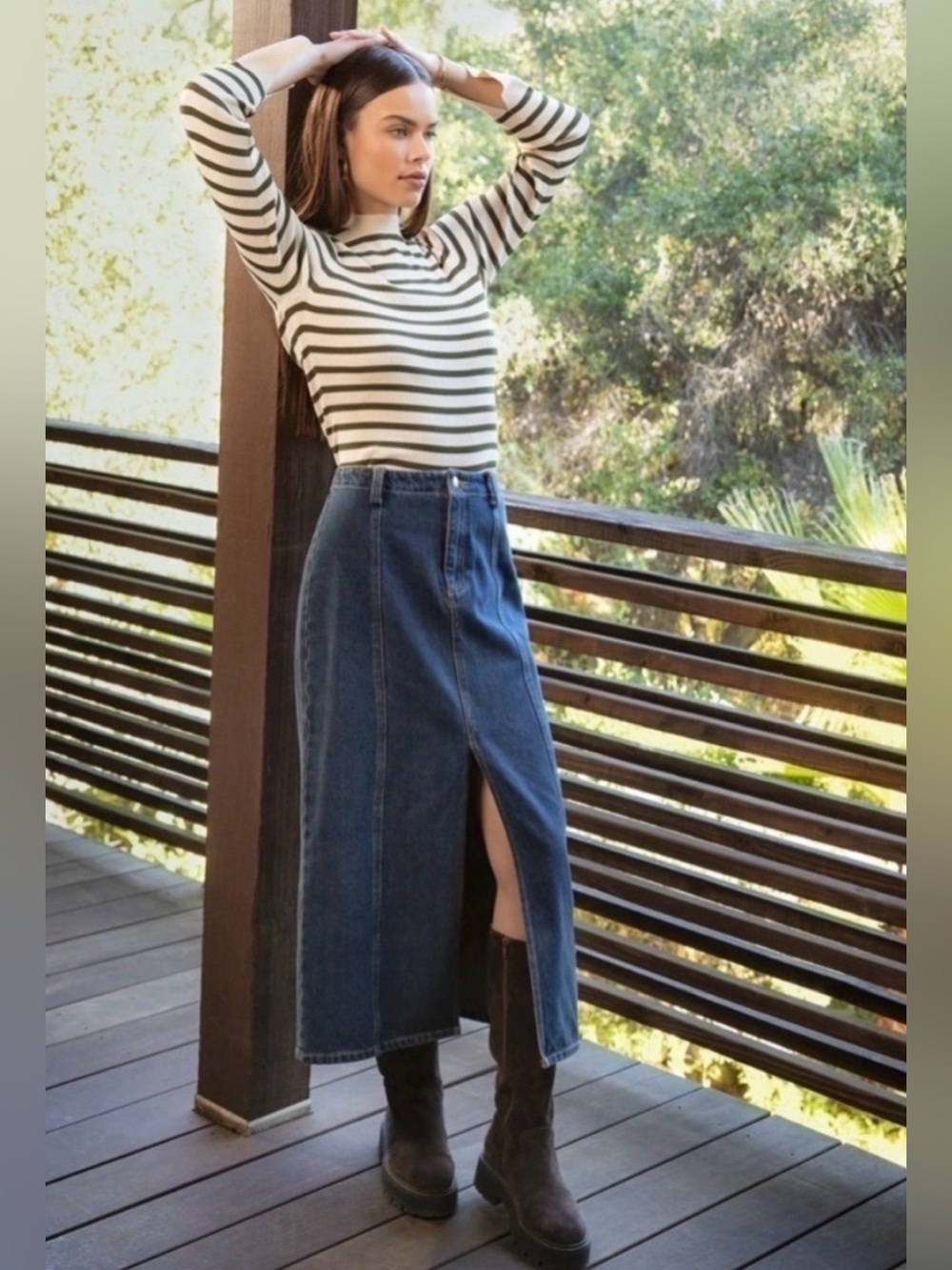 Velvet Heart NIKKIE High Waist Denim Midi Skirt Blue Front Slit Size L